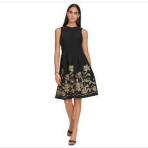 Calvin Klein Petite Embroidered-Skirt Fit & Flare Dress - Black Gold